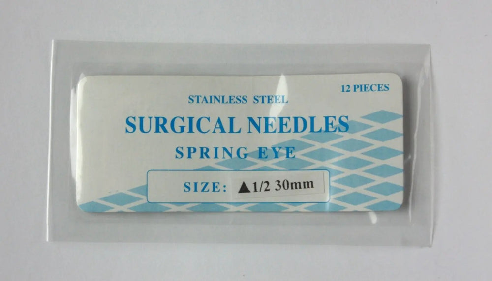 
                  
                    Veterinary SS Surgical Needles, Spring Eye, Cutting, 1/2 Circle, 30mm, 12 Pack
                  
                