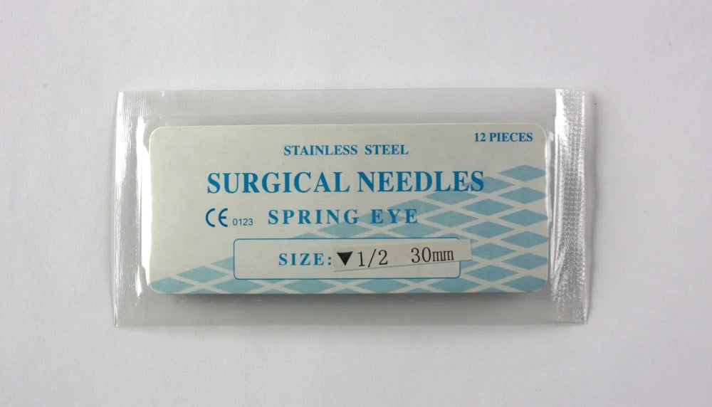 
                  
                    Veterinary SS Surgical Needles, Spring Eye, Reverse, 1/2 Circle, 30mm, 12 Pack
                  
                