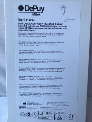 
                  
                    DePuy 212033 Mini Quickanchor Plus #2/0 Suture (3 Metric) Green Ethibond Braided Polyester Suture, 18" (45cm), double armed with V-5 needles, with disposable inserter.
                  
                