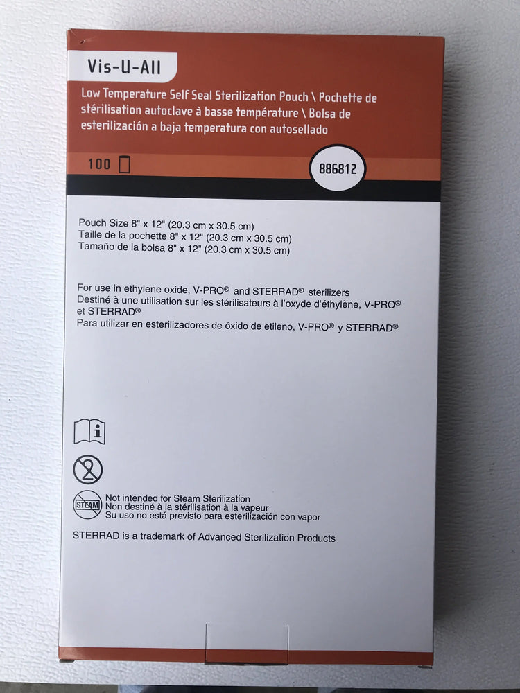 Vis-U-All Low Temperature Self Seal Sterilization Pouch 8" x 12". For use in ethylene oxide, V-PRO and STERRAD sterilizers. 100 Count in Box  (REF# 886812) | KeeboMed Medical