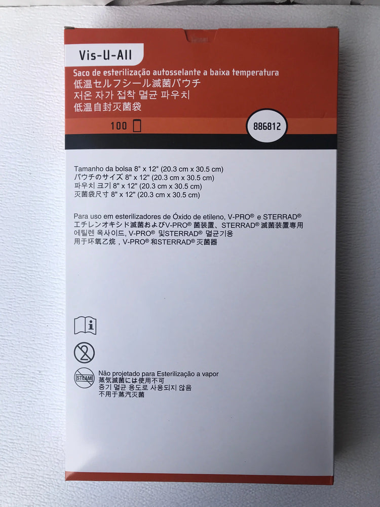 
                  
                    Vis-U-All Low Temperature Self Seal Sterilization Pouch 8" x 12". For use in ethylene oxide, V-PRO and STERRAD sterilizers. 100 Count in Box  (REF# 886812) | KeeboMed Medical
                  
                